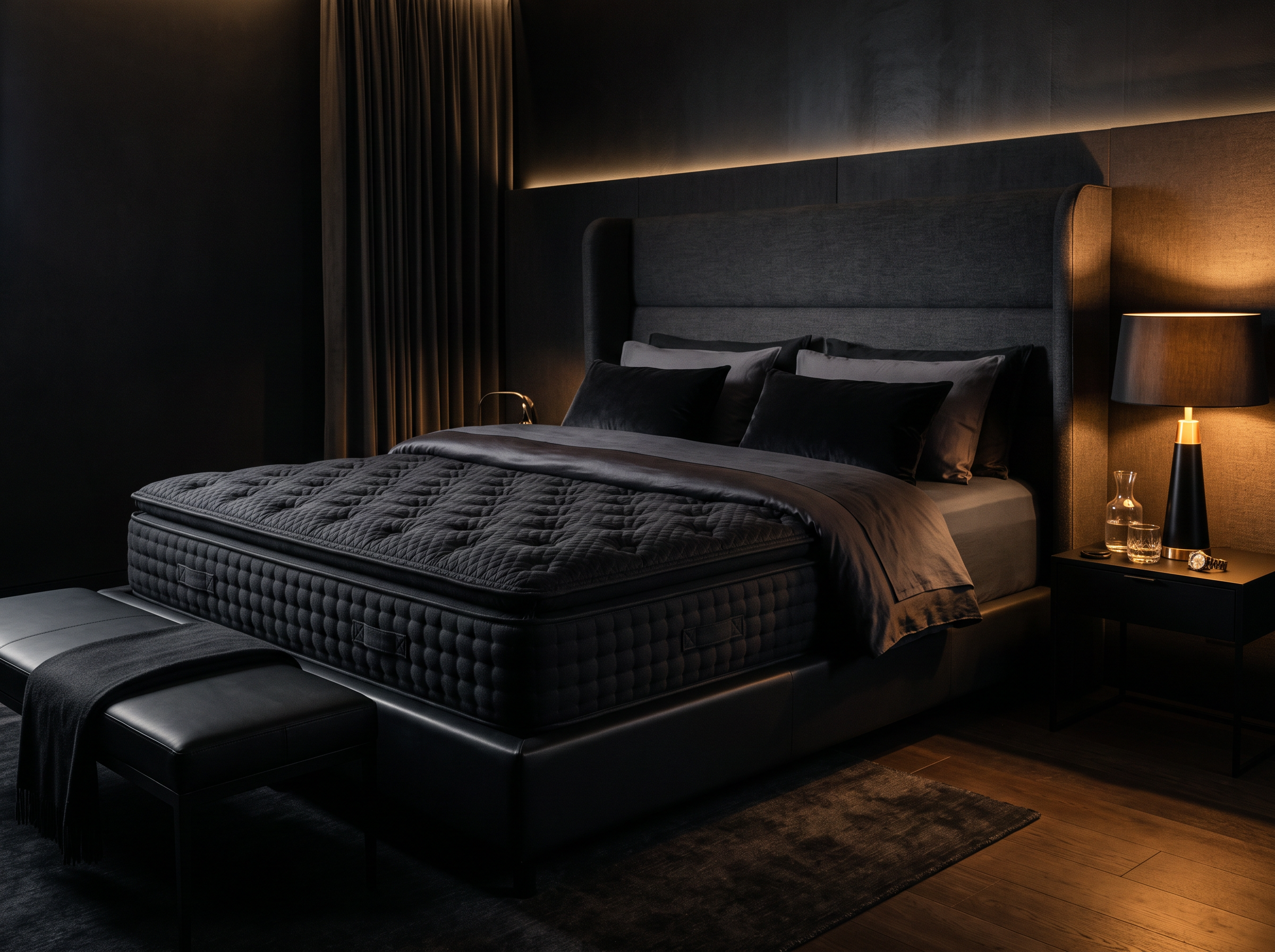 Luxury Beautyrest Black mattress in a dramatic dark Scottsdale bedroom